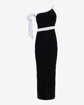 Color Block Knit One Shoulder Cutout Maxi Sheath Dress