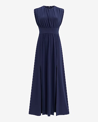 Jersey Crew Neck Cap Sleeve Front Slit Maxi Dress