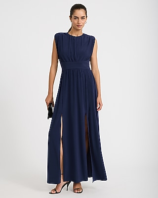 Jersey Crew Neck Cap Sleeve Front Slit Maxi Dress