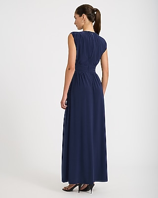 Jersey Crew Neck Cap Sleeve Front Slit Maxi Dress