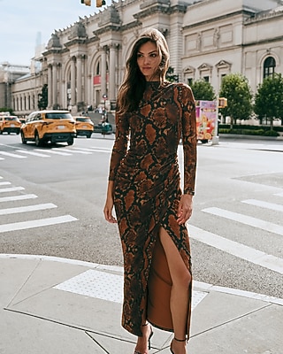snakeskin print bodycon dress Mesh Mock Neck Wrap Ruched Maxi sweater midi dress con dress featuring low Color:Red (As Picture) Dessy Bridesmaid Dresses Collection
