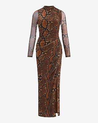 Snakeskin Print Mesh Mock Neck Wrap Ruched Maxi Dress