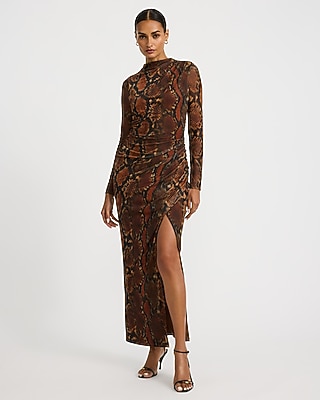 Snakeskin Print Mesh Mock Neck Wrap Ruched Maxi Dress