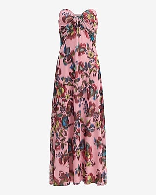 Floral Mesh Strapless Sweetheart Draped Maxi Dress