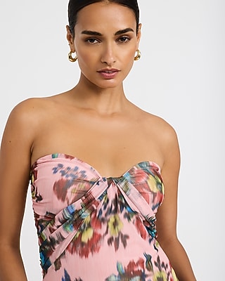 Floral Mesh Strapless Sweetheart Draped Maxi Dress