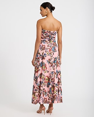 Floral Mesh Strapless Sweetheart Draped Maxi Dress