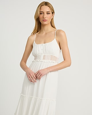 Scoop Neck Button Front Smocked Back Tiered Midi Dress in White - image 2