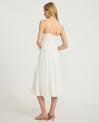 Scoop Neck Button Front Smocked Back Tiered Midi Dress in White - image 3