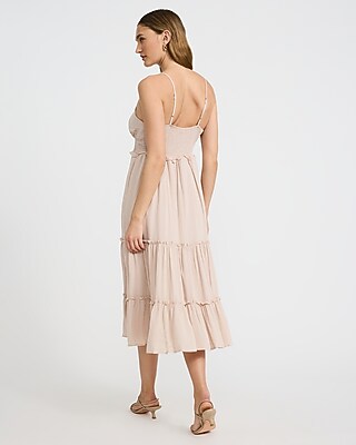 Scoop Neck Button Front Smocked Back Tiered Midi Dress - image 3