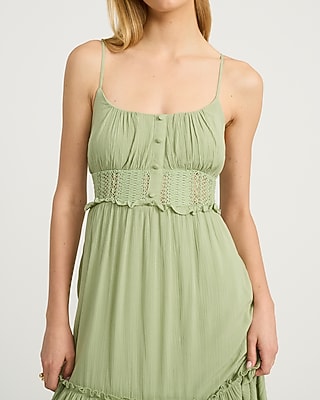Scoop Neck Button Front Smocked Back Tiered Midi Dress in White - image 5