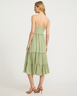 Scoop Neck Button Front Smocked Back Tiered Midi Dress