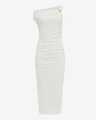Signature Ponte Asymmetrical One Shoulder Ruched Midi Dress
