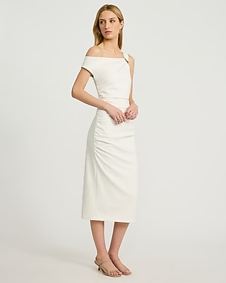Signature Ponte Asymmetrical One Shoulder Ruched Midi Dress