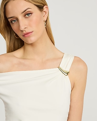 Signature Ponte Asymmetrical One Shoulder Ruched Midi Dress