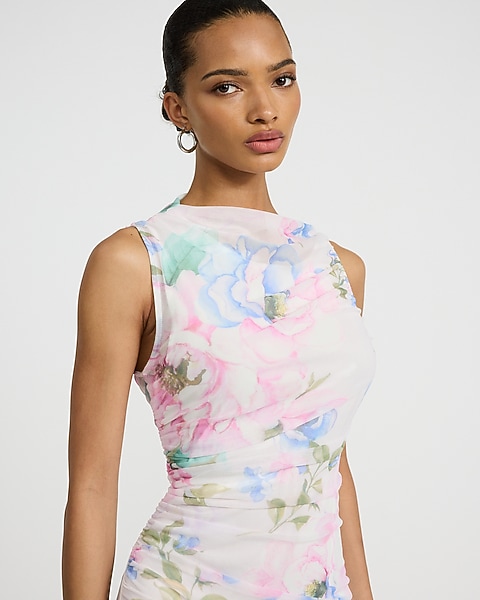 women's mesh dress Chic Plus Size Sleeveless Mini Knit for Festivals, Canary Houze Do not bleach Drying Express Women's Mesh Floral Ruched
