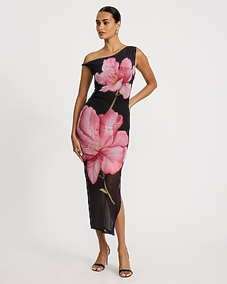 Floral Mesh One Shoulder Twist Strap Maxi Sheath Dress