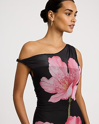 Floral Mesh One Shoulder Twist Strap Maxi Sheath Dress