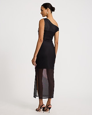 Floral Mesh One Shoulder Twist Strap Maxi Sheath Dress