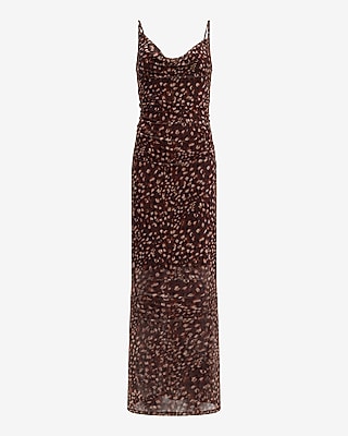 Printed Mesh Cowl Neck Sleeveless Ruched Maxi Dress