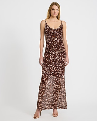 Printed Mesh Cowl Neck Sleeveless Ruched Maxi Dress