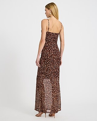 Printed Mesh Cowl Neck Sleeveless Ruched Maxi Dress