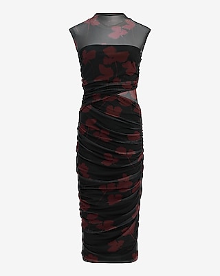 Printed Mesh Mock Neck Ruched Cutout Midi Dress