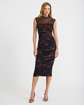 Printed Mesh Mock Neck Ruched Cutout Midi Dress
