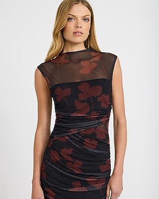 Printed Mesh Mock Neck Ruched Cutout Midi Dress