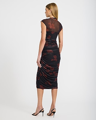 Printed Mesh Mock Neck Ruched Cutout Midi Dress