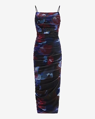 Printed Mesh Square Neck Ruched Midi Sheath Dress