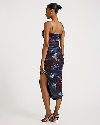 Printed Mesh Square Neck Ruched Midi Sheath Dress