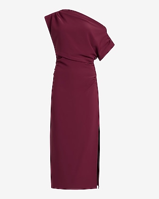 Asymmetrical One Shoulder Midi Sheath Dress Luxe Stretch