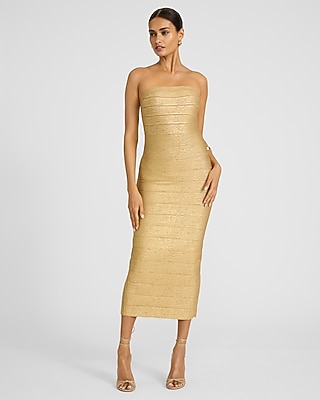 EXPRESS x bebe Strapless Metallic Bandage Sheath Midi Dress