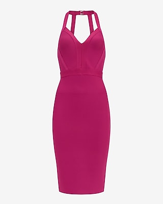 EXPRESS x bebe Halter V-Neck Bandage Midi Sheath Dress