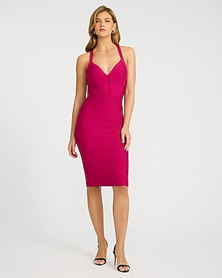 EXPRESS x bebe Halter V-Neck Bandage Midi Sheath Dress