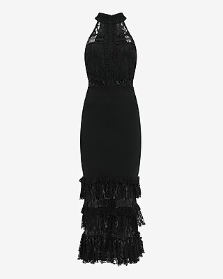 EXPRESS x bebe Lace Pieced Halter Tiered Midi Dress