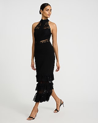 EXPRESS x bebe Lace Pieced Halter Tiered Midi Dress