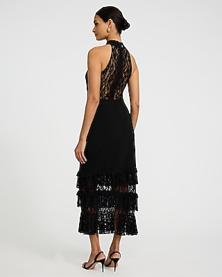 EXPRESS x bebe Lace Pieced Halter Tiered Midi Dress