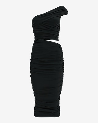 Mesh Off The Shoulder Cutout Ruched Midi Sheath Dress