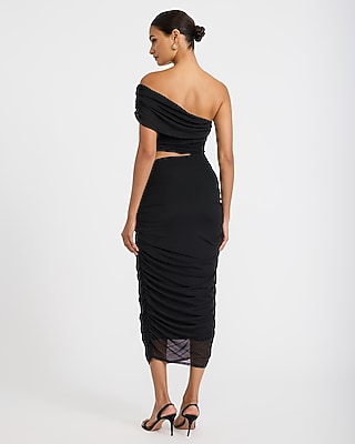 Mesh Off The Shoulder Cutout Ruched Midi Sheath Dress