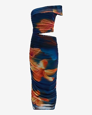Mesh Floral One Shoulder Cutout Ruched Maxi Dress