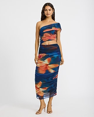 Mesh Floral One Shoulder Cutout Ruched Maxi Dress