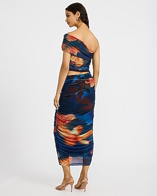 Mesh Floral One Shoulder Cutout Ruched Maxi Dress