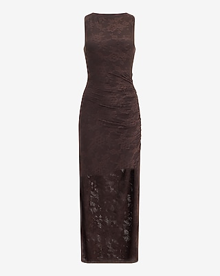 Lace Boat Neck Ruched Sheer Hem Maxi Sheath Dress - thumbnail 4