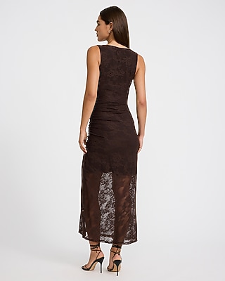 Lace Boat Neck Ruched Sheer Hem Maxi Sheath Dress - thumbnail 3