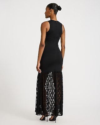 Mixed Media Crew Neck Lace Hem Maxi Sheath Dress