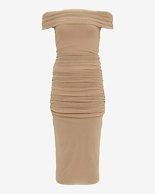 Mesh Shine Off The Shoulder Ruched Midi Sheath Dress - image 4