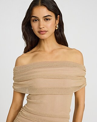 Mesh Shine Off The Shoulder Ruched Midi Sheath Dress - image 2