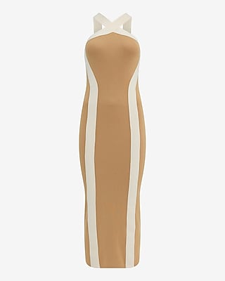 Color Block Halter Midi Sheath Sweater Dress