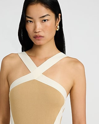 Color Block Halter Midi Sheath Sweater Dress